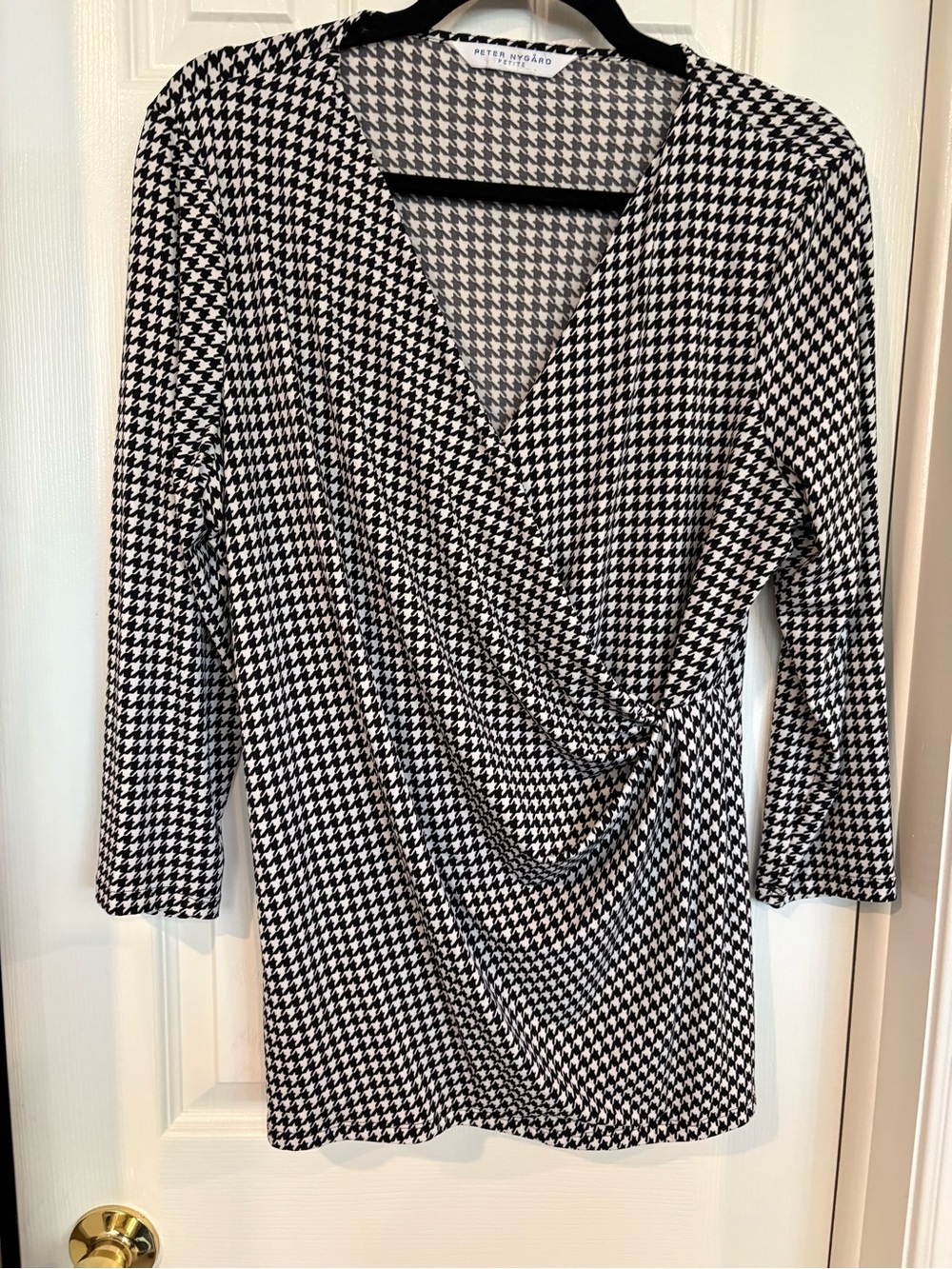 Peter Nygard Black & White Houndstooth Faux Wrap Top